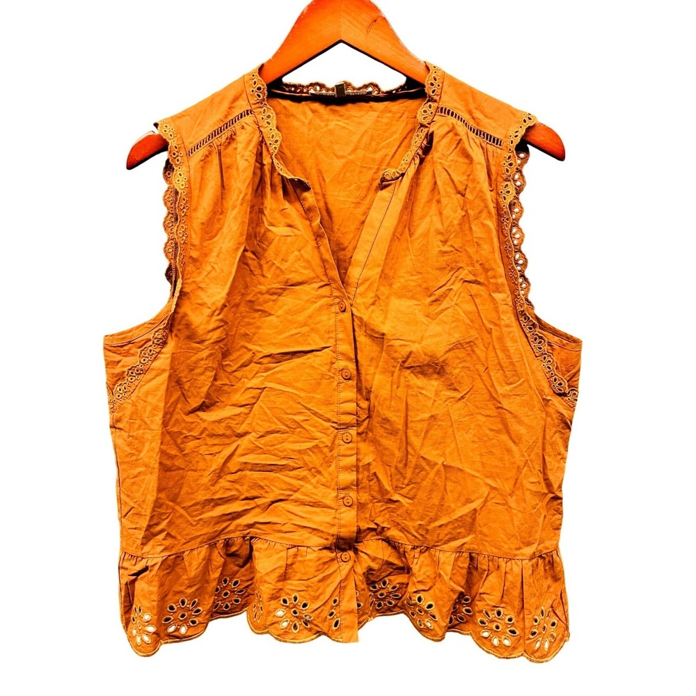 Daniel Rainn Eyelet Ruffle Blouse Womens L Orange Sleeveless V-Neck Bohemian